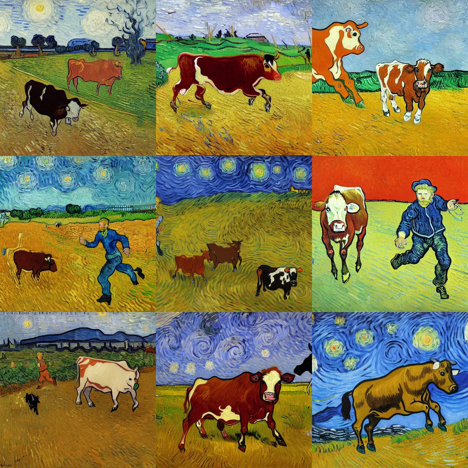 Prompt: a painting of van gogh running in panic from a cow in the style of van gogh. Oil on camvas