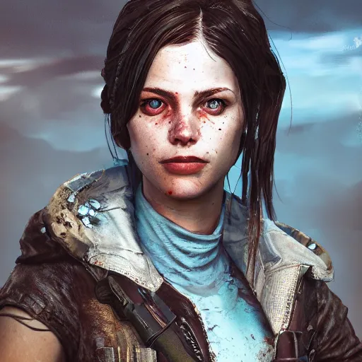 Image similar to A comic book style portrait painting of a female kender in a post apocalyptic setting, unreal 5, DAZ, hyperrealistic, octane render, dynamic lighting