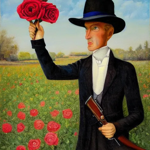 Image similar to a painting of a tall man with blue eyes that is wearing a wide brim hat and a leather vest. He has no facial hair. He is holding a revolver in his left hand and a rose is in his right hand. He is standing in a field of roses.