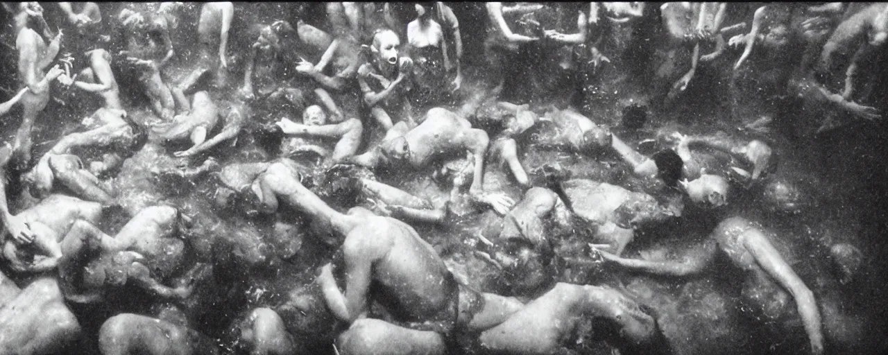 Prompt: 3 5 mm film still of a terrifying ritual occult gathering of half human half reptile hybrids, underwater in a large deep dark watered public swimming pool hall, liminal spaces, pentagrams and other illuminati masonic symbolism engraved and scattered, broken panes of glass, rays of moonlight, film grain