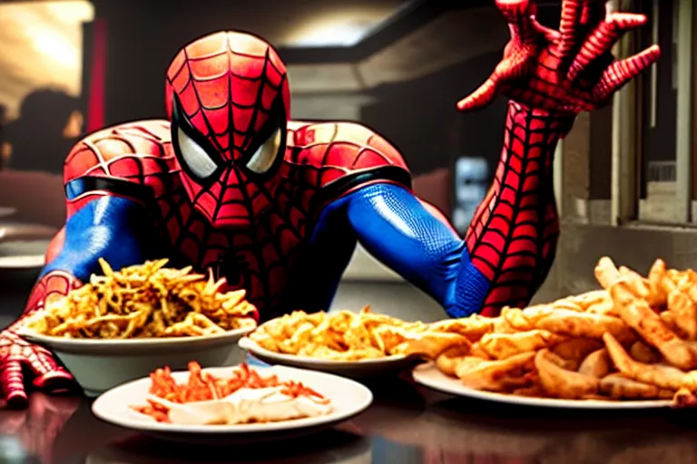 Image similar to cinematic still of spiderman eating greasy food from arby's restaurant