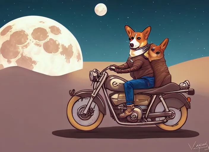 Image similar to a cell shaded cartoon corgi riding a motorcycle, with a big head, on a desert road, wide shot, in front of a big moon, muted colors, post grunge, josan gonzales, wlop, by james jean, victor ngai, hq, deviantart, art by artgerm