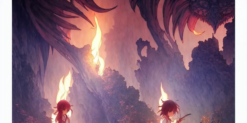 Image similar to the girl and the magic dragons cave. anime visual. torches, dark. by hayao miyazaki and rossdraws and artgerm and chie yoshii and detmold and greg rutkowski and alphonse mucha. anime production by studio ghibli. high quality, stunning, intricate detailed environment. 8 k