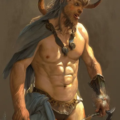 Image similar to ''body portrait of the minotaur, greek mythology, greece, fantasy, dungeons and dragons, d & d, digital painting, artstation, concept art, sharp focus, illustration, art by greg rutkowski and alphonse mucha''