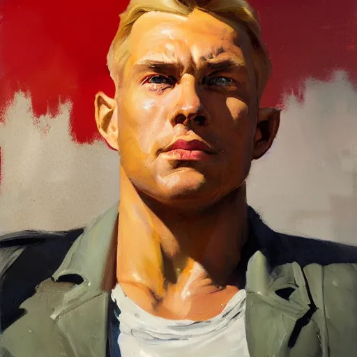 Image similar to greg manchess portrait painting of a soviet russian nuclear supersoldier, medium shot, asymmetrical, profile picture, organic painting, sunny day, matte painting, bold shapes, hard edges, street art, trending on artstation, by huang guangjian, gil elvgren, ruan jia, randy vargas, greg rutkowski