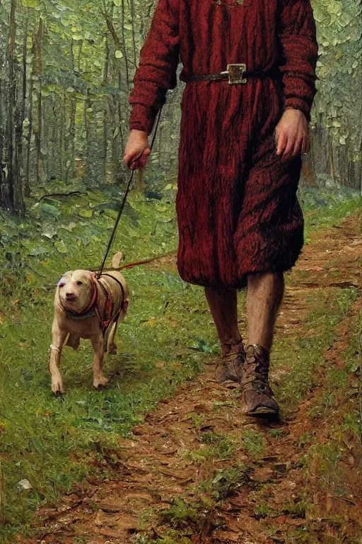 Prompt: by whimmy slavic dog head man, woolen torso in medieval clothes, walking in the forest, orthodox saint christopher, oil painting, painting by viktor vasnetsov, concept art, hyperrealism, beautiful, high resolution, trending on artstation,