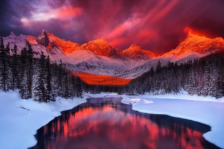 Image similar to amazing landscape photo of nuclear fallout in snowy mountains at sunset by marc adamus beautiful dramatic lighting