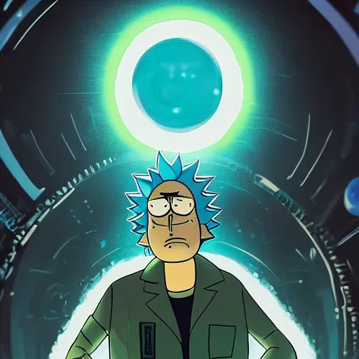 Image similar to portrait art of rick sanchez, ( ( ( ( ( rick and morty ) ) ) ) ), lab coat and tee shirt, lens flare, atmosphere, glow, detailed, intricate, full of colour, cinematic lighting, 4 k, hyperrealistic, focused, extreme details, cinematic, masterpiece