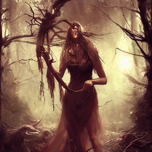 Image similar to witch performing a ritual in a dark forest painted by Raymond Swanland