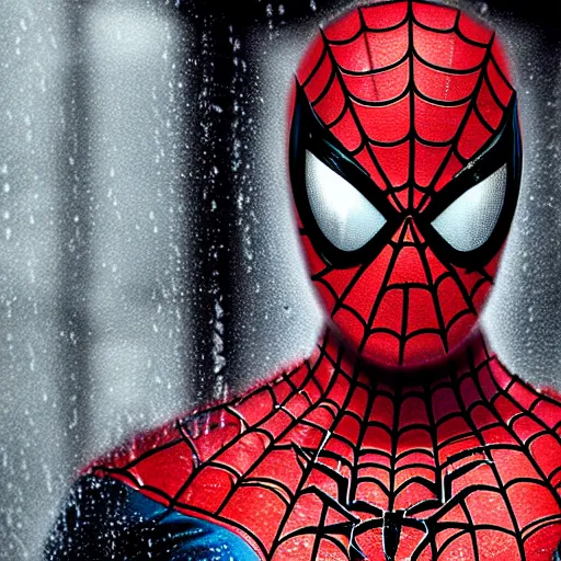 Image similar to Spiderman standing under rain with ,mellow , dramatic, sad ambience,. Wallpaper