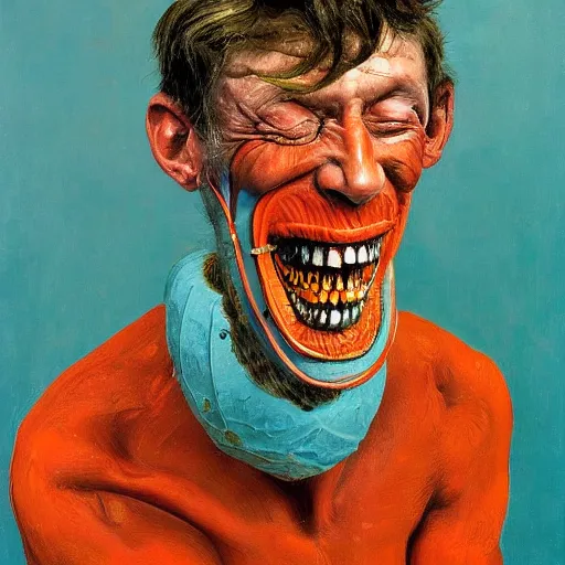 Prompt: high quality high detail painting of a man with large teeth by lucian freud and zdzisław beksinski and francis bacon, hd, smiling man, turquoise and orange