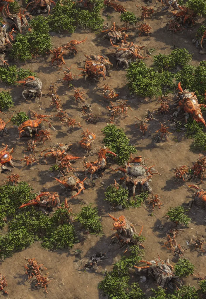 Prompt: zerg base with units zerglings ultralisk roach, realistic, soft natural volumetric lighting, beautifully detailed 4 k octane render, 4 k post processing 8 k