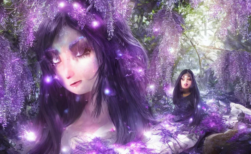 Image similar to beautiful Himalayan woman with purple cat-eyes, silver hair and black hair split, glowing crystals on the ground, somber, scene of a summer forest with glowing blue wisteria , 8k hdr pixiv dslr photo by Makoto Shinkai and Wojtek Fus