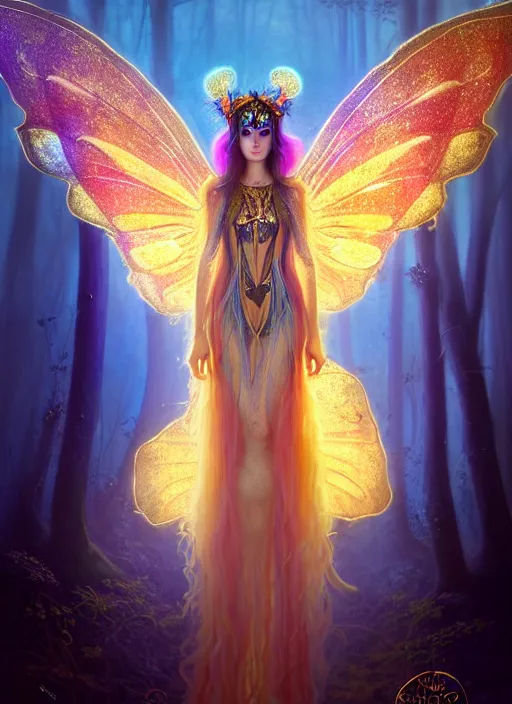 Image similar to stunningly beautiful female faerie priestess in amanita muscaria forest landscape, symmetrical wings on back, neon hair, fantasy art, wearing a dress of gossamer gold, inner glow, illustration, dramatic lighting, soft details, painting, art nouveau, octane render, 8 k, hd, by edmund blair leighton, brom, charlie bowater, faces by otto schmidt