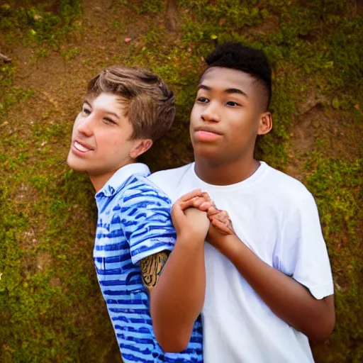 Image similar to Photograph of two teenage boys in love, holding hand, sigma 85mm