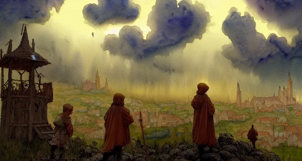 Image similar to a hyperrealist watercolor concept art of elegant golden ufos in the sky above a small medieval town during a thunderstorm. a dirty medieval peasant child is in the foreground pointg up at the sky. very muted colors, by rebecca guay, michael kaluta, charles vess. high detail, hq, wide shot, 4 k