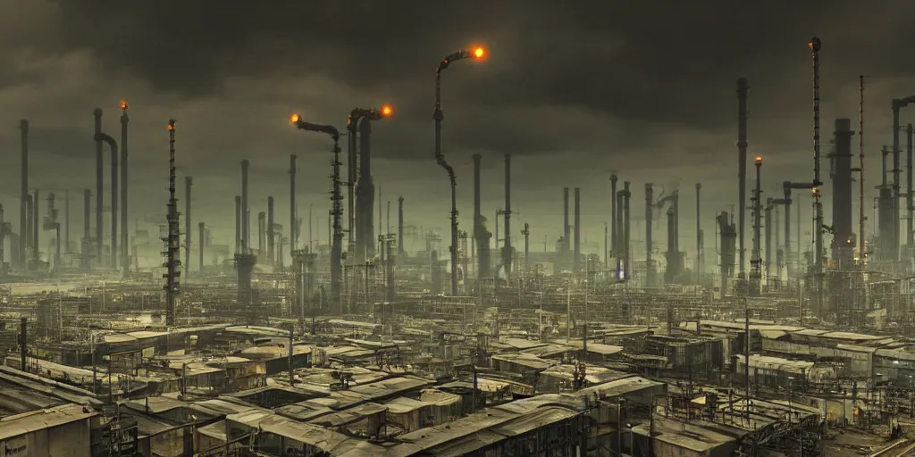 Image similar to industrial science-fiction landscape, huge mechanical towers, ground full of factories and pipes, under a dark cloudy sky, in the style of Blade Runner