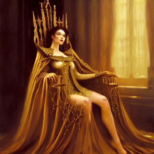 Prompt: perfectly centered portrait of beautiful vampire queen in gold gothic robe sitting on a throne of white bones, painting by gaston bussiere, craig mullins, j. c. leyendecker, 8 k, mid shot