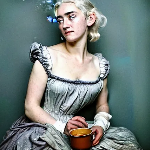 Prompt: A 18th century, messy, silver haired, (((mad))) elf princess (look like ((young Kate Winslet))), dressed in a ((ragged)), wedding dress, is ((drinking a cup of tea)). Everything is underwater and ((floating)). Greenish blue tones, theatrical, (((underwater lights))), high contrasts, fantasyconcept art, inspired by John Everett Millais's Ophelia