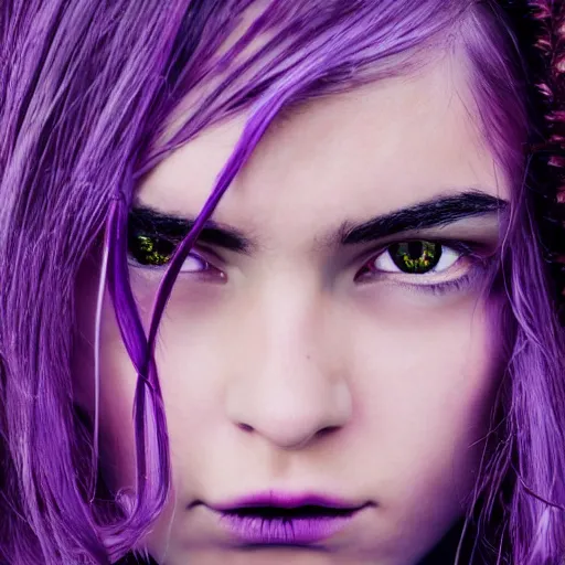 Image similar to detailed photo portrait of a furious teen girl with thin, hair-like purple tentacles on her head and bright purple eyes, 8k, trending on DeviantArt, face enhance,hyper detailed ,full of colour, dramatic lightning