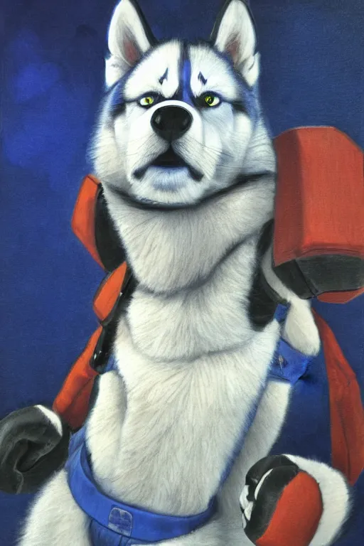 Image similar to a character design of a husky in blue vest, boxing on the stage, portrait painting, anime, studio ghibli, humanoid, anthropomorphic, personify, furry