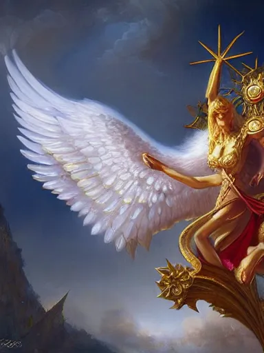 Prompt: angels and devils surrounding the golden wind rose in the sky. intricate, elegant, highly detailed, digital painting, artstation, concept art, sharp focus, illustration, by justin gerard and artgerm, 8 k