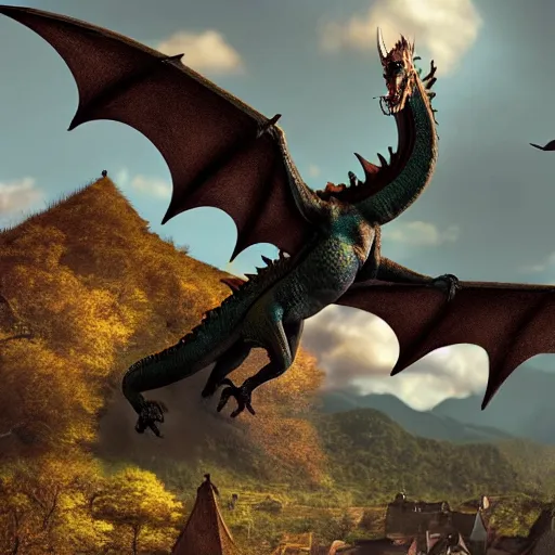 Image similar to dragon flying over village 4 k realistic