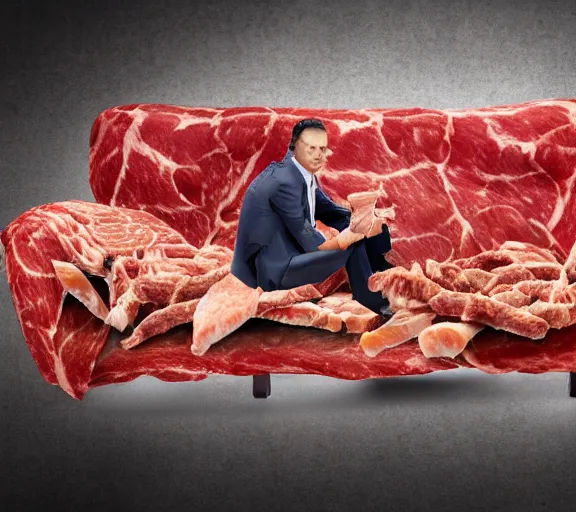 Prompt: realistic photograph of couch made out of meat, business men sitting on couch made out of meat and talking,