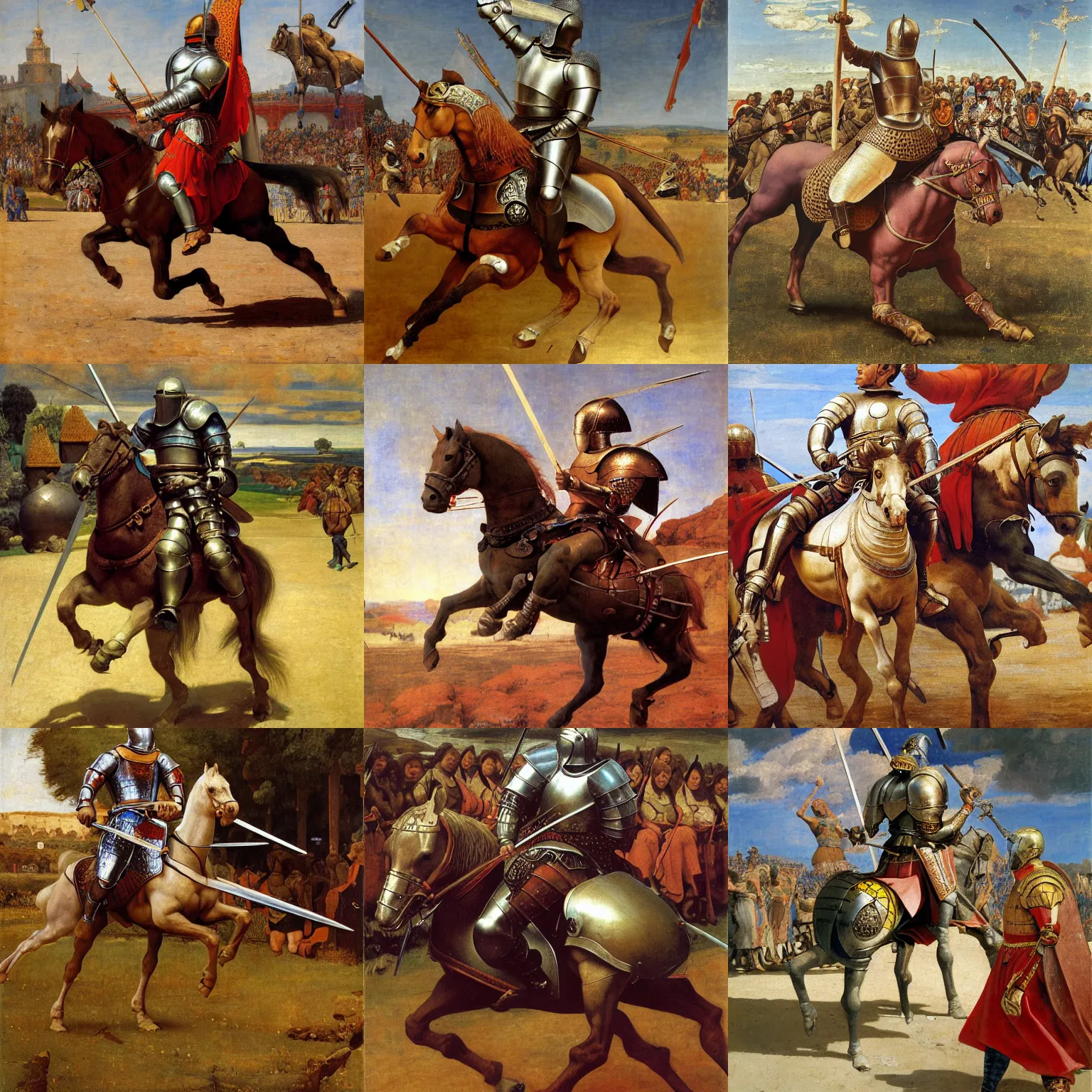 Prompt: Realistic painting of a medieval knight in full armor riding a horse in a jousting tournament , high-detailed oil painting by Ilya Repin, William Blake, Michelangelo da Caravaggio, Alex Grey and Beksinski, masterpiece, 4k