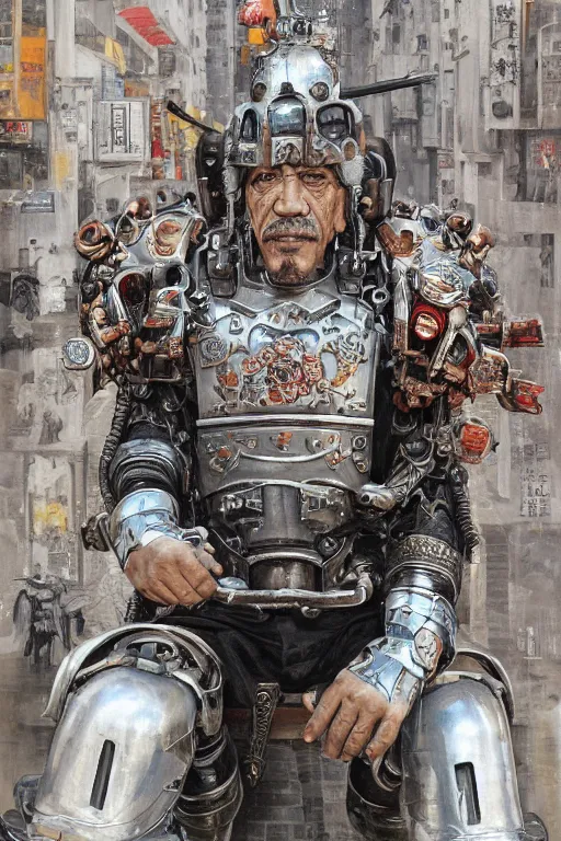 Prompt: portrait of danny trejo in white samurai metallic robotic armoury gears, by jan van eyck, kim jung gi, james jean, in the street of neo hong kong, craig mullins