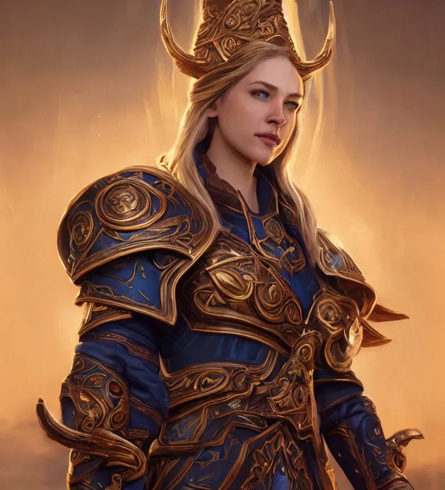 Image similar to Jaina Proudmore portrait, intricate arcane armor, glowing magical runes and esoteric symbols, subject in the middle of the frame, rule of thirds, golden ratio, elegant, digital painting, octane 4k render, zbrush, hyperrealistic, artstation, concept art, smooth, sharp focus, illustration from Warcraft by Ruan Jia and Mandy Jurgens and Artgerm and William-Adolphe Bouguerea