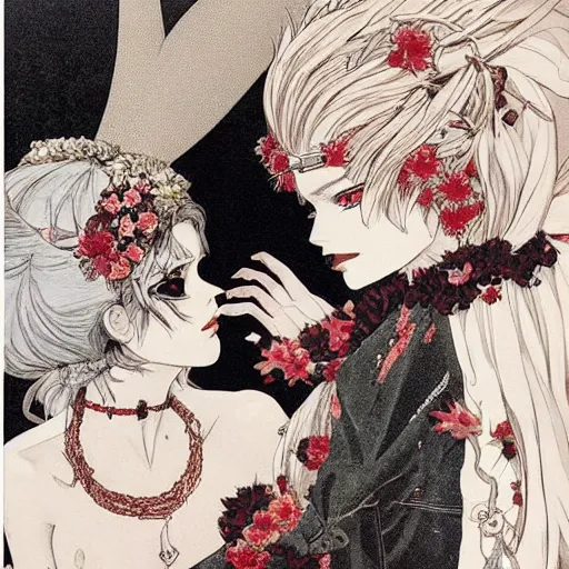 Prompt: symmetrical pretty elegant brigitte bardot as a vampire with friend, very detailed style of takato yamamoto lots of flowers