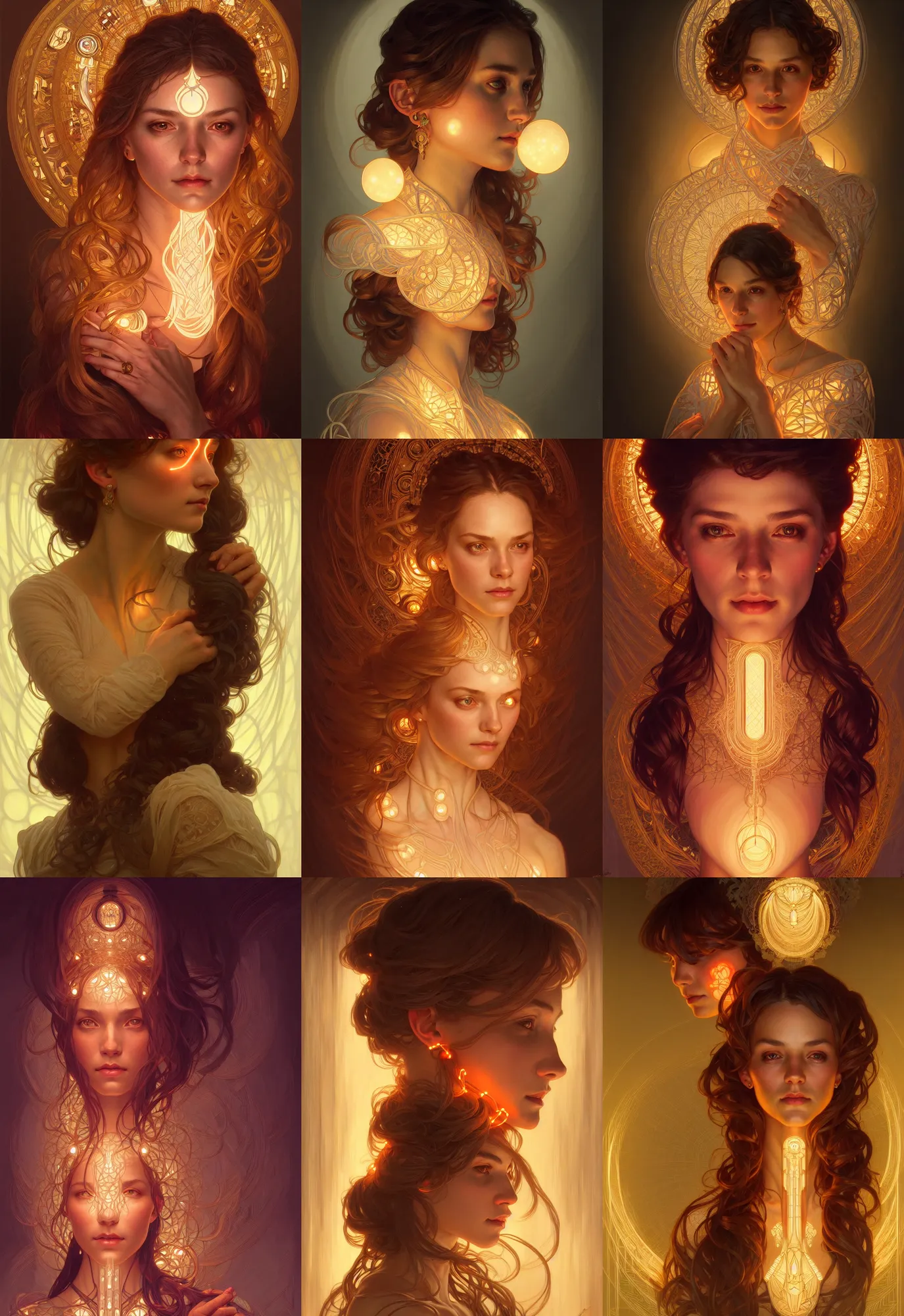 Prompt: symmetry!! portrait of a woman, cottagecore!!, glowing lights!! intricate, elegant, highly detailed, digital painting, artstation, concept art, smooth, sharp focus, illustration, art by artgerm and greg rutkowski and alphonse mucha