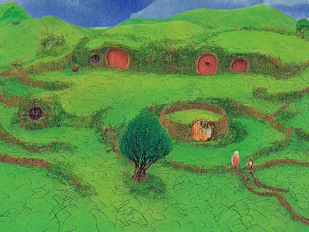 Prompt: Tolkien Lord of the Rings landscape Shire Hobbits Bag End in the style of David Hockney