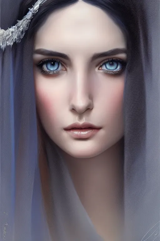 Image similar to Ameera al-Taweel, blue eyes, long wavy black hair, white veil, closeup, focus face, elegant, highly detailed, centered, digital painting, artstation, concept art by tom bagshaw, illustration