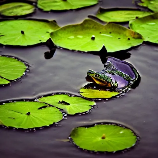 Image similar to dark clouds, close - up of a scared!!! frog in the pond with water lilies, shallow depth of field, highly detailed, autumn, rain, bad weather, ominous, digital art, masterpiece, matte painting, sharp focus, matte painting, by isaac levitan, asher brown durand,