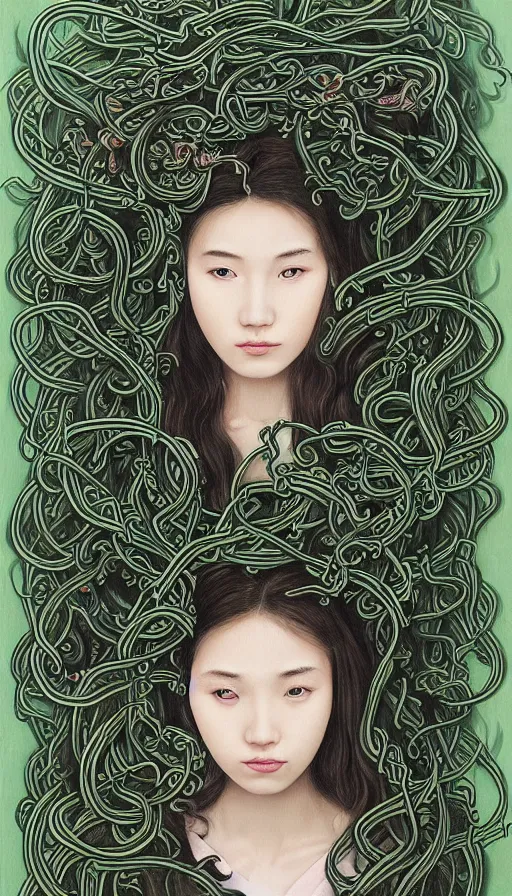 Image similar to very detailed portrait of a 2 0 years old girl surrounded by tentacles, the youg woman visage is blooming from fractal and vines, by zeng fanzhi