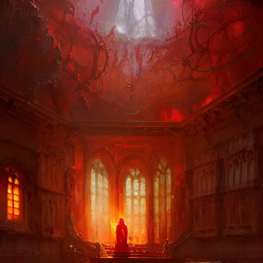 Image similar to a chapel's ceiling is broken in half as a red magical portal from hell opens up there. highly detailed painting by gaston bussiere, greg rutkowski, craig mullins 8 k