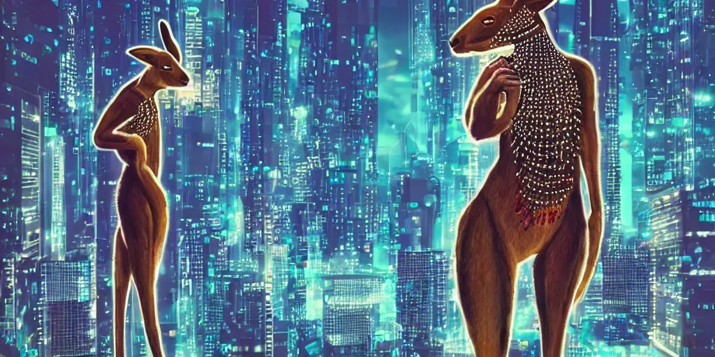 Image similar to a kangaroo wearing a beaded necklace, cyberpunk settings, cityscape, style of artgerm, at night