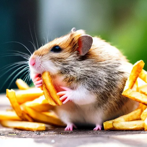 Image similar to detailed photo of a hamster eating fries, outdoors, various poses, full body, unedited, daylight, dof 8 k