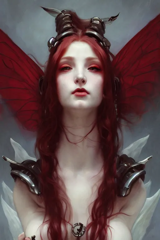 Prompt: Portrait of beautiful pale laughing succubus maiden with mechanical wings, nimbus, and devil's horns, red lighting, masterpiece 4k digital illustration by Ruan Jia and Mandy Jurgens and Artgerm and william-adolphe bouguereau, highly detailed, trending on artstation, award winning,