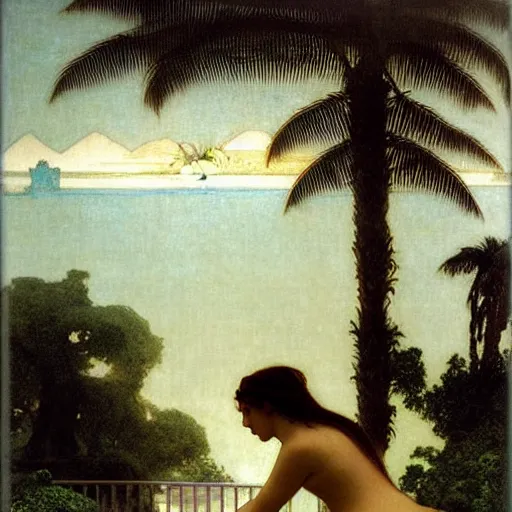 Image similar to Silhouette of two girls at the palace, thunderstorm, greek pool, beach and palm trees on the background major arcana sky, by paul delaroche, alphonse mucha and arnold böcklin arnold böcklin hyperrealistic 8k, very detailed