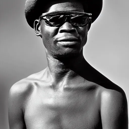 Prompt: black and white photo, portrait of congo mineworker with a hat and sunglasses by richard avedon, shot for vogue magazine, realistic, Leica, medium format, cinematic lighting, parallax, high resolution,