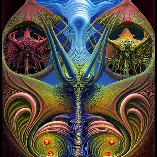 Prompt: divine chaos engine by roger dean and andrew ferez, symbolist, visionary, detailed, realistic, surreality, art forms of nature by ernst haeckel, deep rich moody colors, organic fractal structures