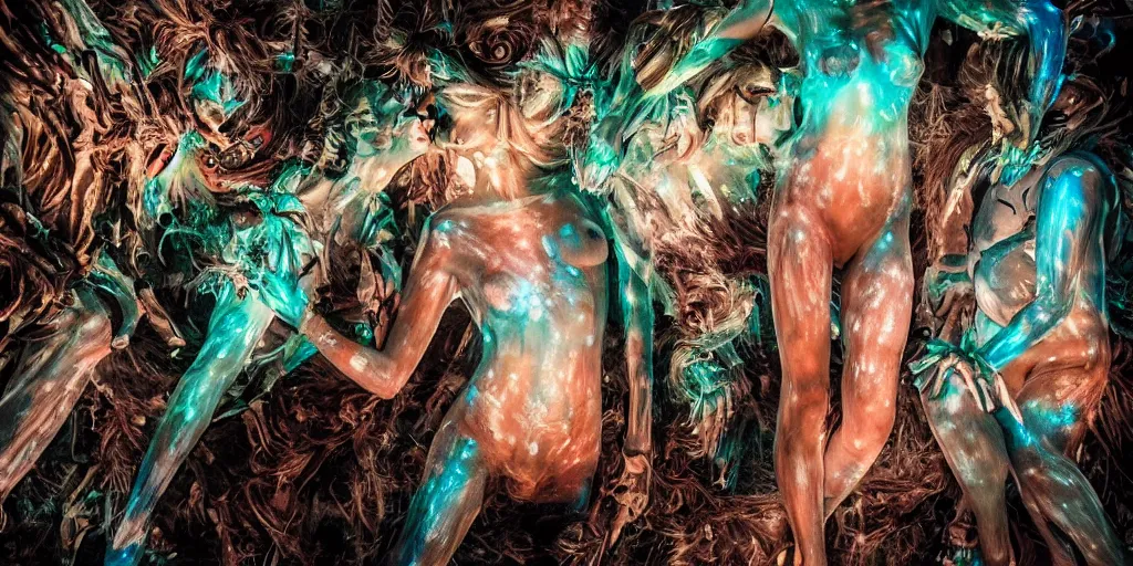 Image similar to love, translucent people with glowing body paint, rebirth, wide angle, cinematic atmosphere, elaborate, highly detailed, dramatic lighting