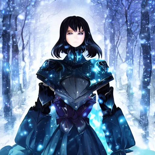 Prompt: focus face portrait of beautiful darkness knight 3D anime girl, ice Armor wearing, dark forest background, snowing, bokeh, inspired by Masami Kurumada, digital painting, high contrast, unreal engine render, volumetric lighting, high détail