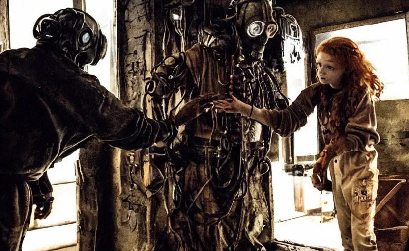 Prompt: scary machine monster grabbing sadie sink dressed as a miner : a scifi cyberpunk film from 1 9 8 0 s by steven spielberg and james cameron. 6 5 mm low grain film stock. sharp focus, moody cinematic atmosphere, detailed and intricate environment