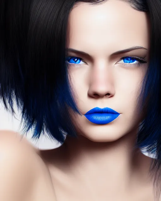 Prompt: realistic portrait of woman with black hair and blue eyes while she's sad, ultra realistic, 8k