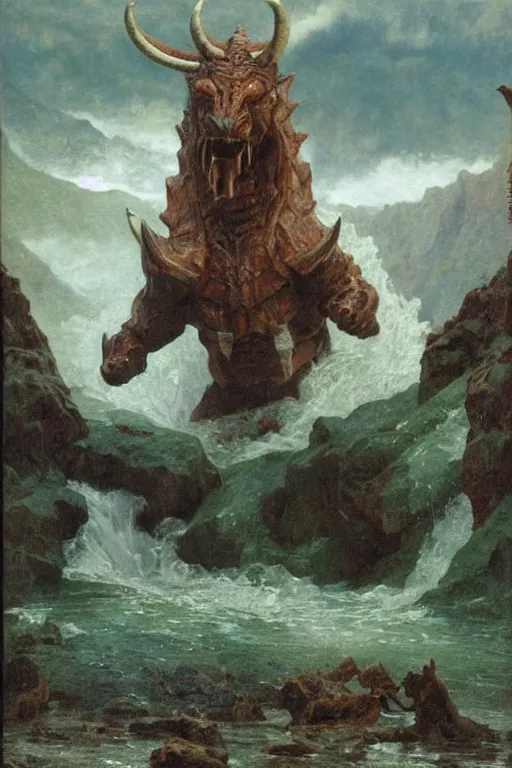 Image similar to martyn ford as huge horned armoured demon wearing cape and emerging from lake in canadian rockies, water splashing cascading, beautiful day, by albert bierstadt, ruan jia, lawrence alma tadema, zdzislaw beksinski, norman rockwell, jack kirby, tom lovell, greg staples