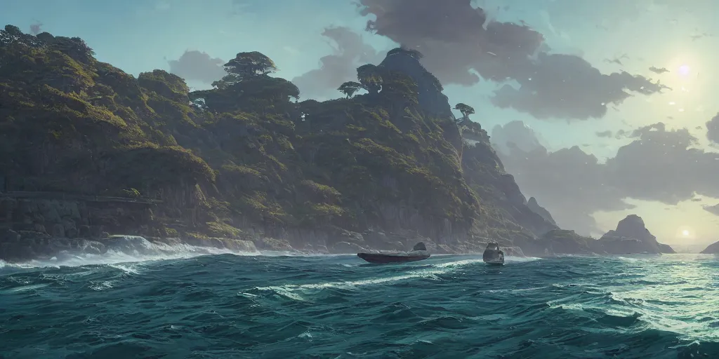 Image similar to highly detailed vanishing - point of a gleaming archipelago in gta v, stephen bliss, unreal engine, fantasy art by greg rutkowski, loish, rhads, ferdinand knab, makoto shinkai and lois van baarle, ilya kuvshinov, rossdraws, tom bagshaw, global illumination, radiant light, detailed and intricate environment